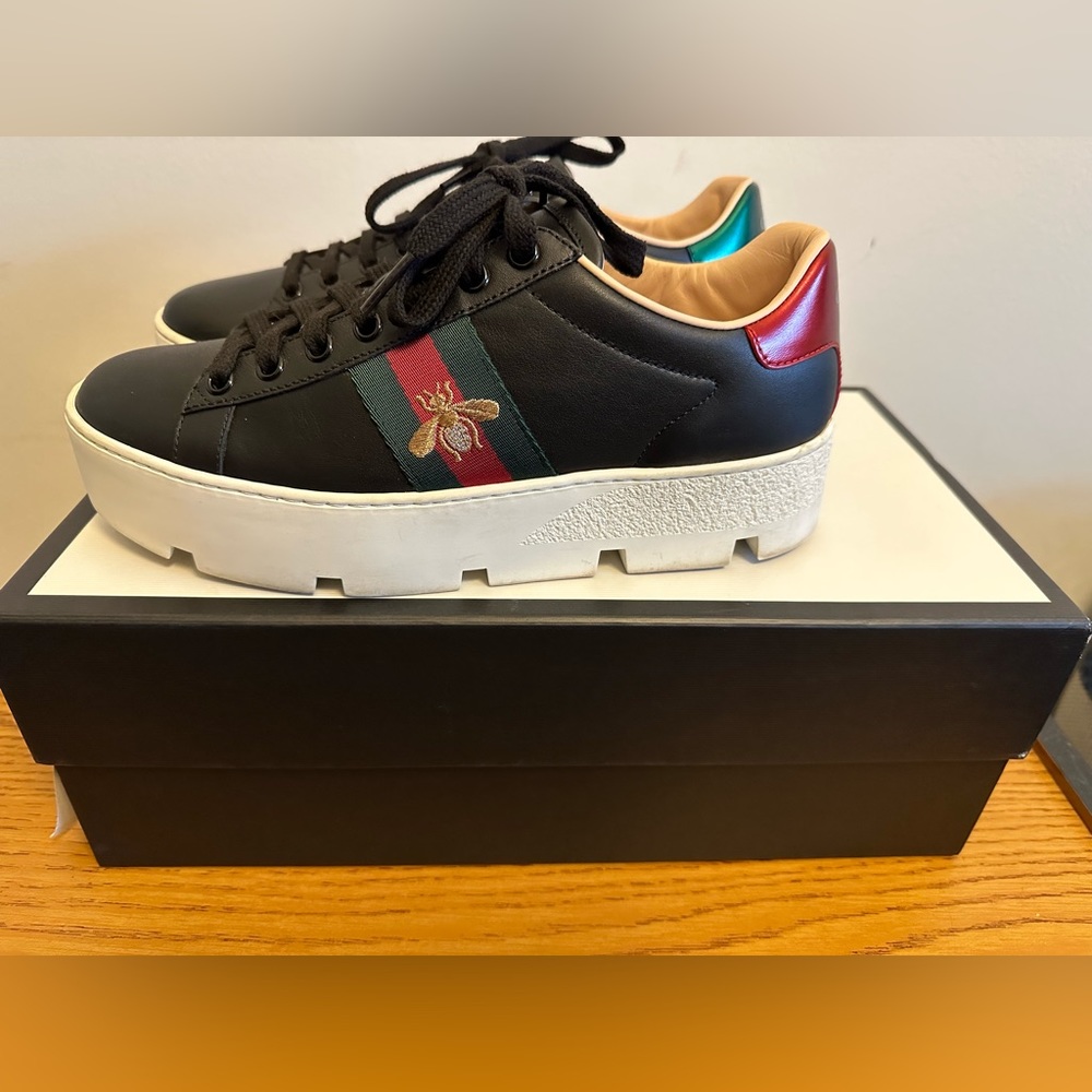 Gucci Black Leather Platform Sneakers with Green & Red Web and Gold Bee